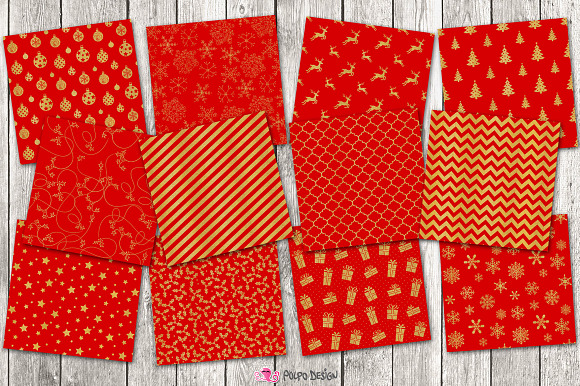 Red and Gold Christmas digital paper in Patterns - product preview 1