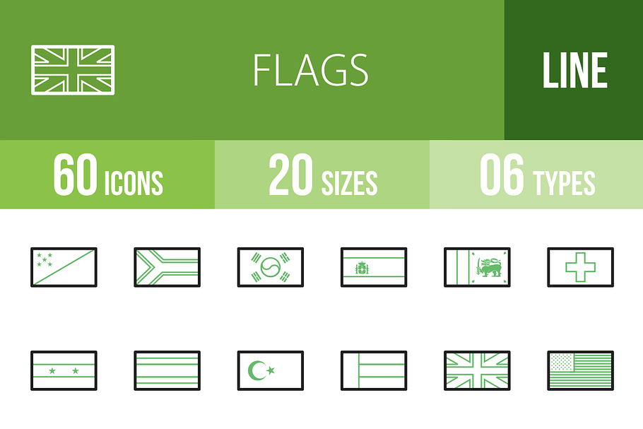 60 Flags Line Green & Black Icons
