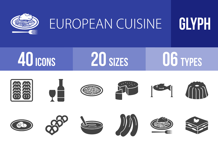 40 European Cuisine Glyph Icons