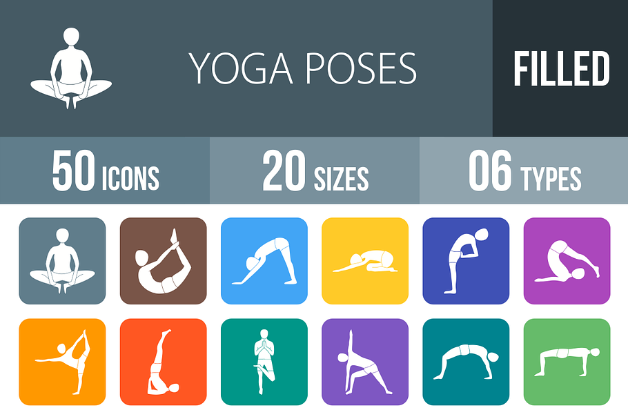 50 Yoga Flat Round Corner Icons