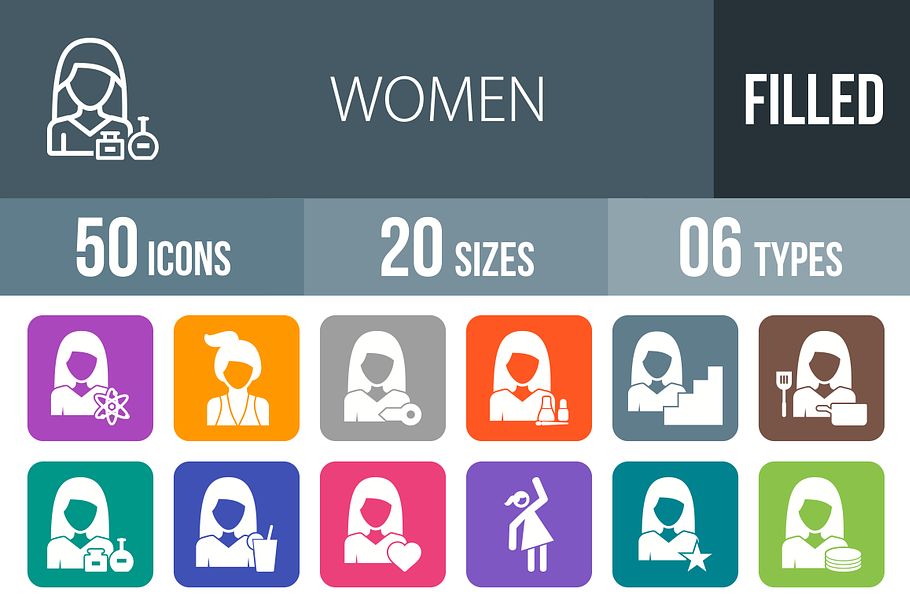 50 Women Flat Round Corner Icons in Graphics - product preview 8