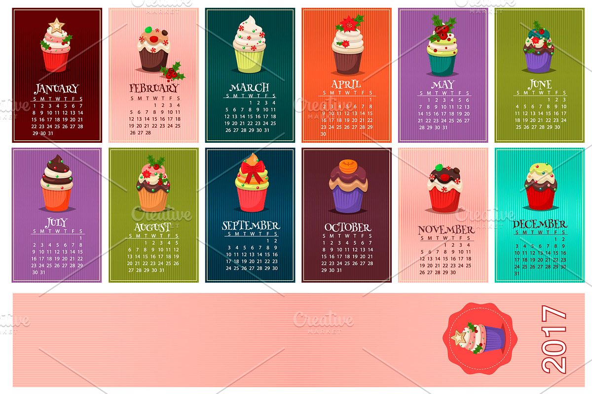 Cupcakes calendar for 2017 in Illustrations - product preview 8