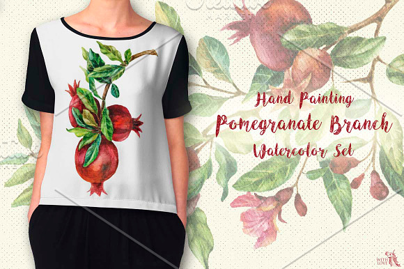 Watercolor Pomegranate Branch in Illustrations - product preview 2