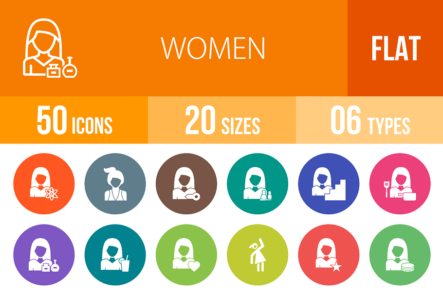 50 Women Flat Round Icons in Graphics - product preview 8