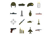 Military icons set, flat style