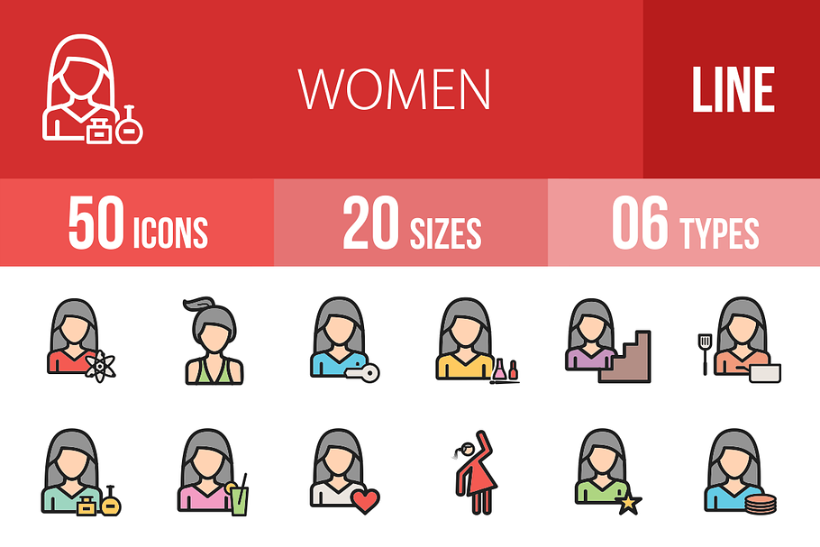 50 Women Line Filled Icons