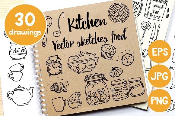 Kitchen. Vector sketches food in Illustrations - product preview 1