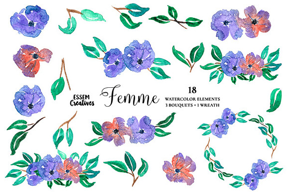 Purple Watercolor Florals Clipart in Illustrations - product preview 1