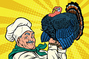 Retro chef with a live Turkey