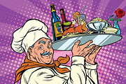 Retro chef with dinner on a tray