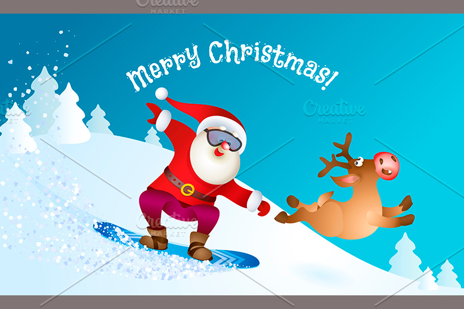 Santa snowboarding with Reindeer in Illustrations - product preview 8