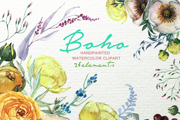 Boho Watercolor Floral Clipart F-49
