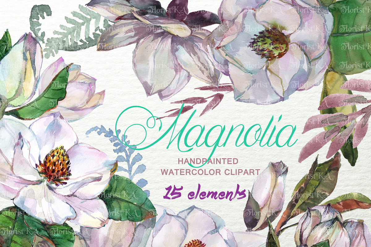 Magnolia Watercolor Clip art F-22 in Objects - product preview 8