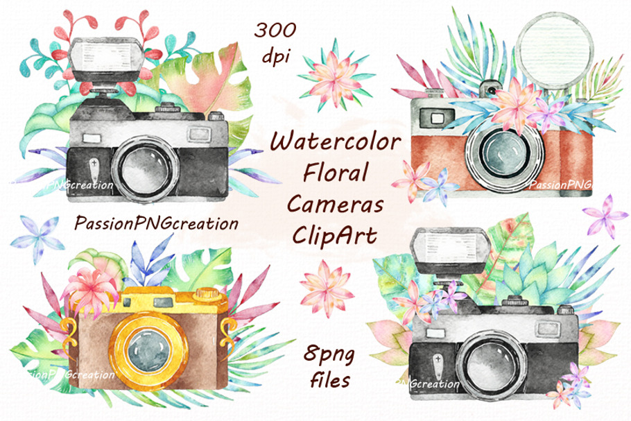 Watercolor Floral Cameras Clipart in Illustrations - product preview 8