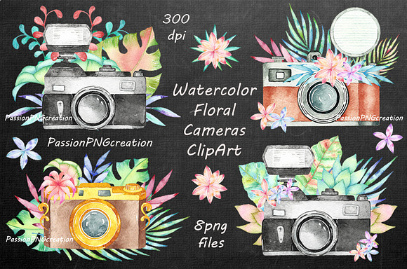 Watercolor Floral Cameras Clipart in Illustrations - product preview 1