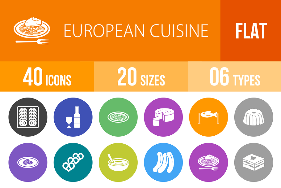 40 European Cuisine Flat Round Icons
