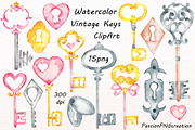 Watercolor Vintage Keys Clipart
