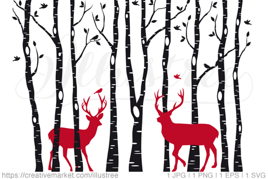 Christmas deer in birch tree forest in Illustrations - product preview 8