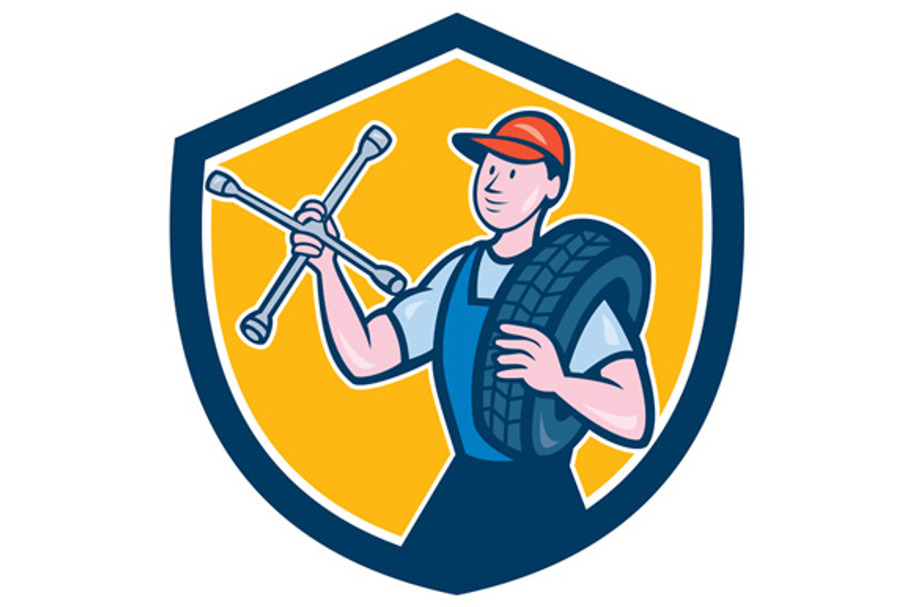 Mechanic With Tire Wrench Shield Car in Illustrations - product preview 8