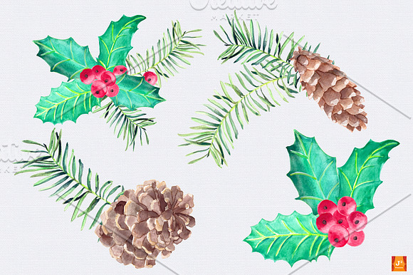 Watercolor Xmas Greenery Clip Arts in Illustrations - product preview 2