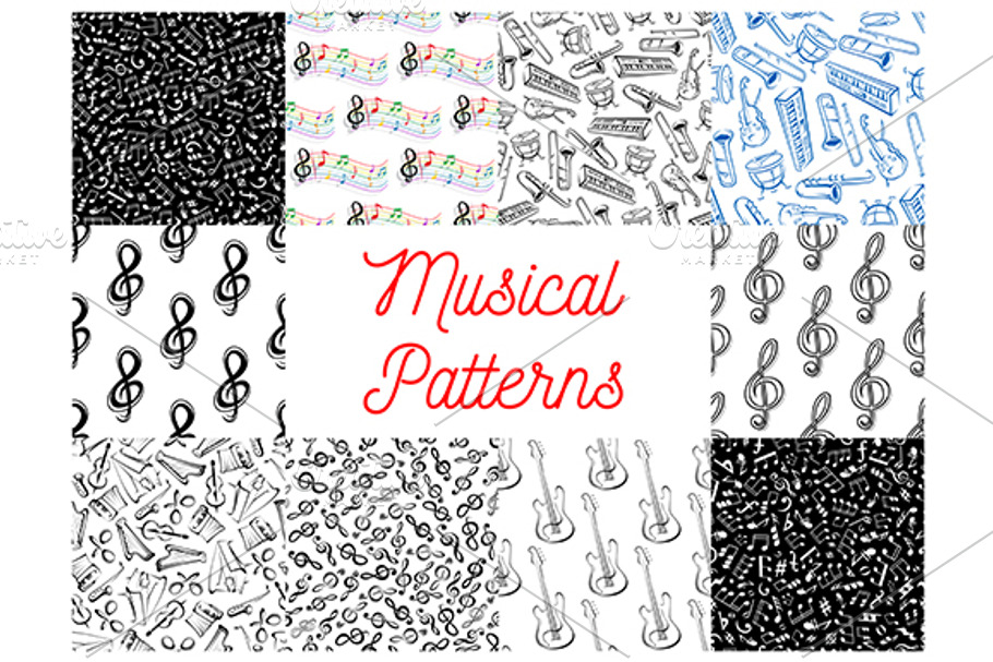 Musical notes, instruments patterns