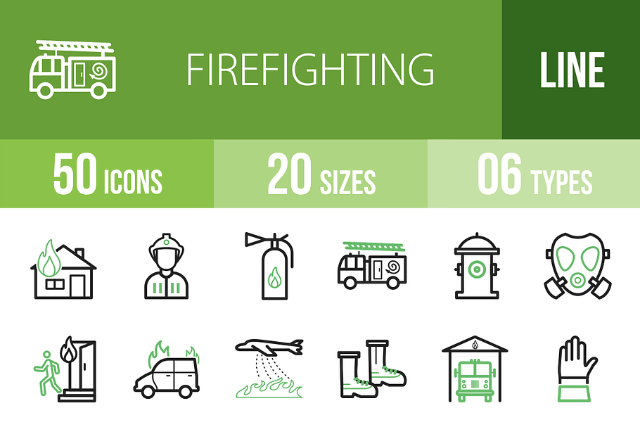 50 Firefighting Line Green Icons