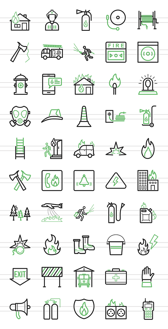 50 Firefighting Line Green Icons in Graphics - product preview 1