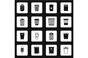 Trash can icons set, simple style