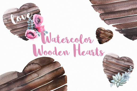 Watercolor Wooden Hearts in Illustrations - product preview 1