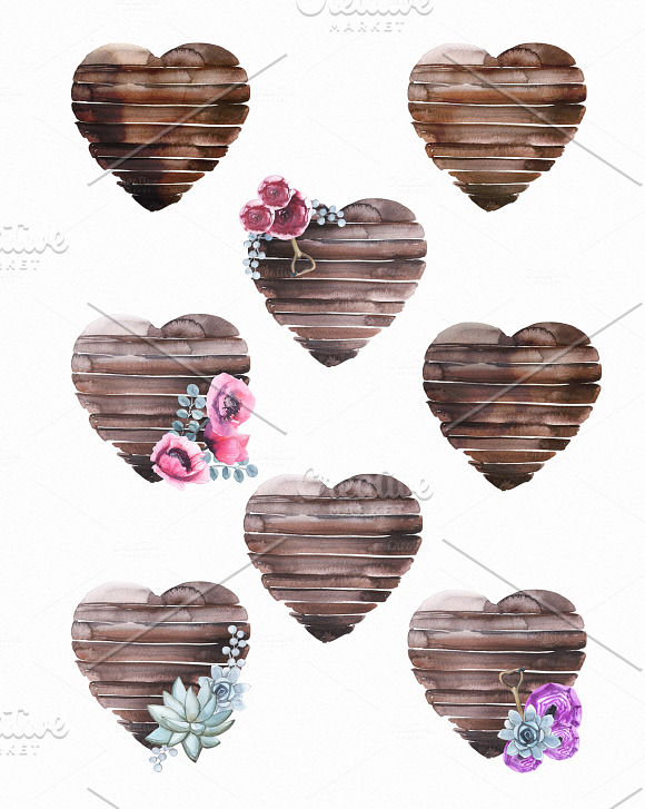 Watercolor Wooden Hearts in Illustrations - product preview 2