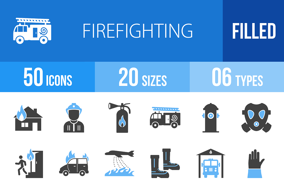 50 Firefighting Blue & Black Icons