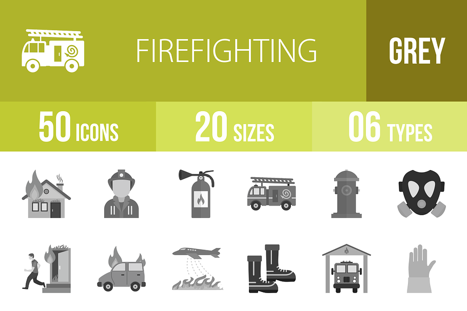 50 Firefighting Greyscale Icons