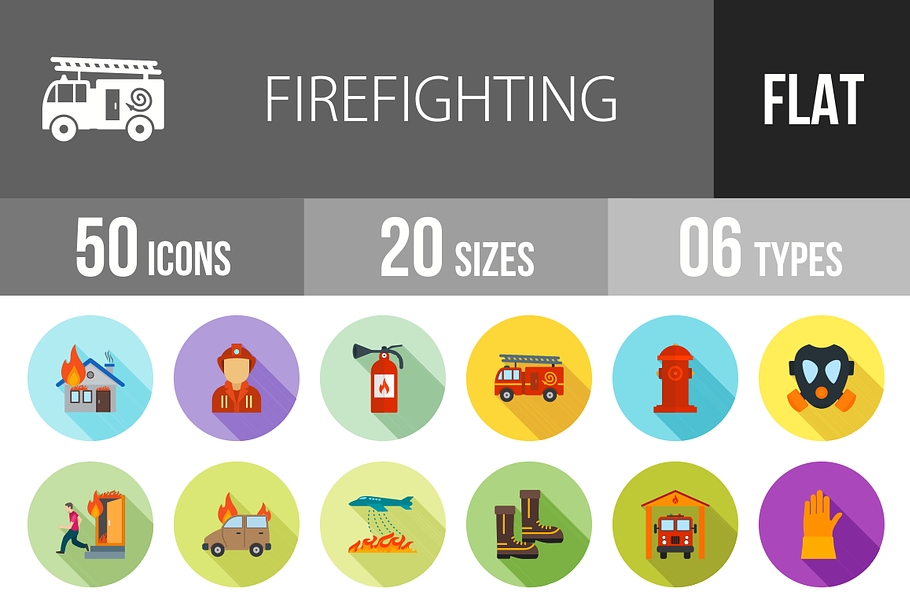 50 Firefighting Flat Shadowed Icons