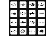 Fish icons set in simple style
