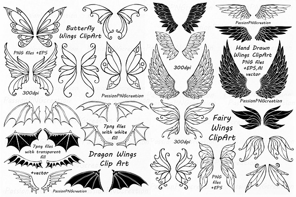 BIG SET of Doodle Wings Clipart