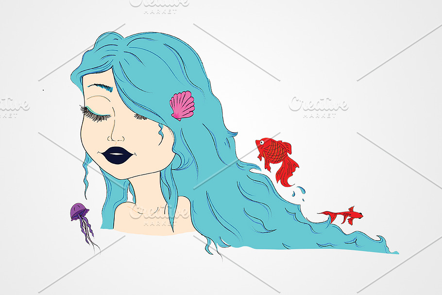 Blue hair mermaid character