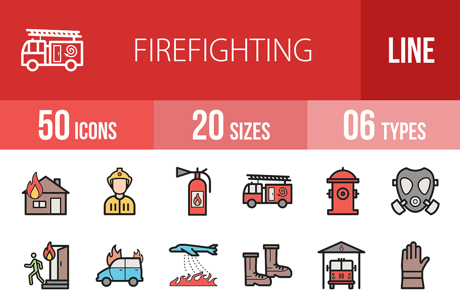 50 Firefighting Line Filled Icons