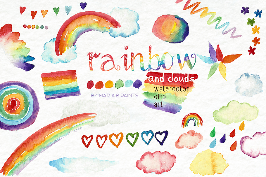 Watercolor Clip Art - Rainbow, Cloud