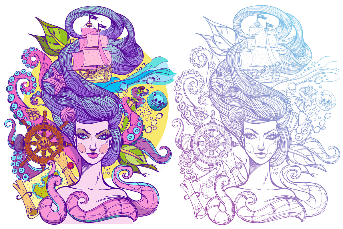 Tattoo sketch. Marine belle in Illustrations - product preview 8