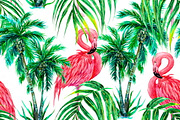 Watercolor flamingos,trees pattern