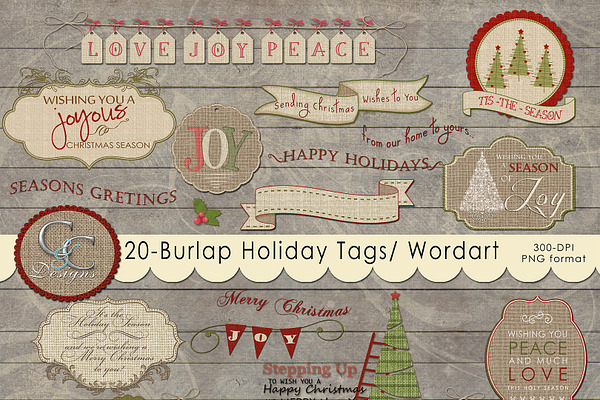 20 Burlap Holiday Tags-  Word Art