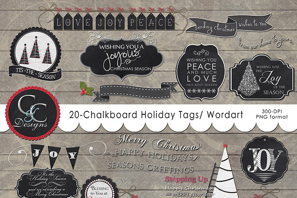 20 Chalkboard Holiday Tags-WordArt