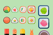 Sushi vector flat icons set