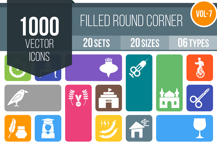1000 Flat Round Corner Icons (V7)