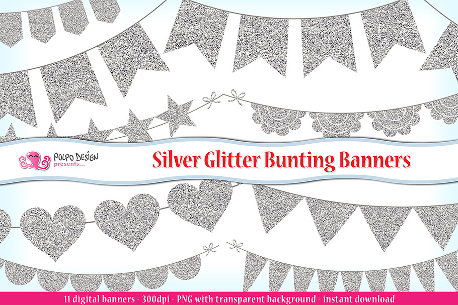 Silver Glitter Bunting Banners in Objects - product preview 8