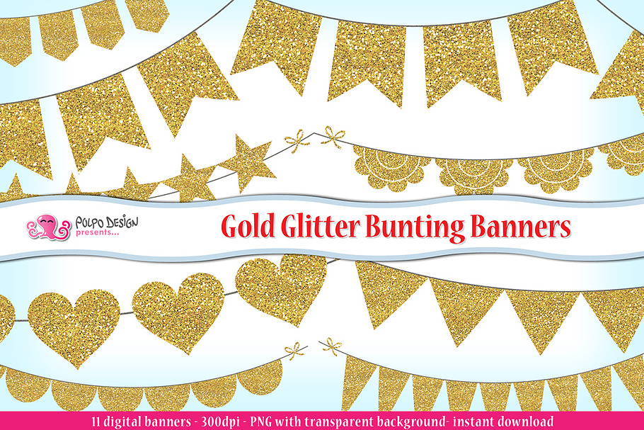 Gold Glitter Bunting Banners clipart in Objects - product preview 8