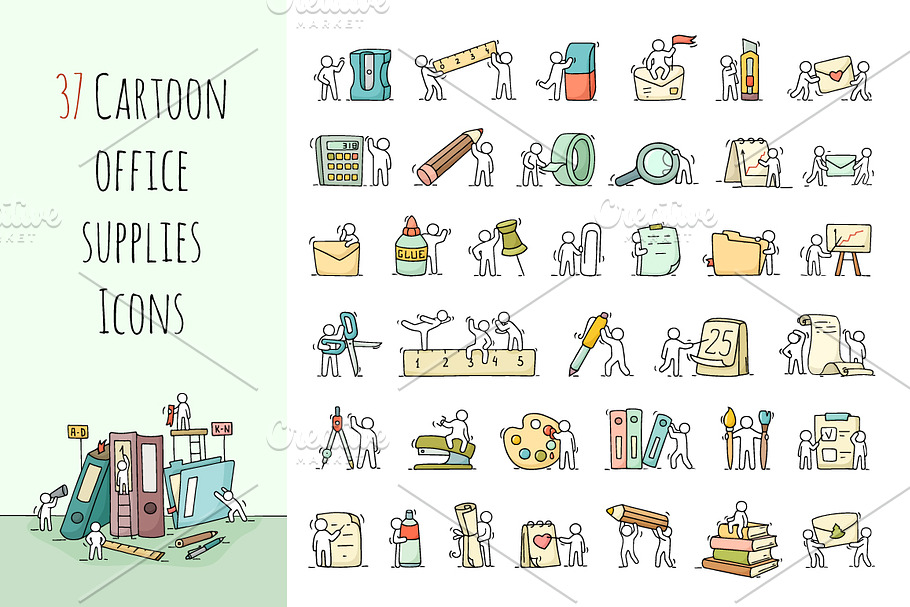 Cartoon stationery icons with People in People Icons - product preview 8