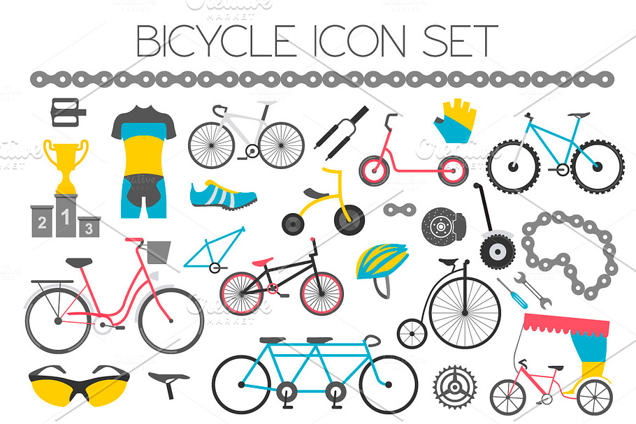 Bicycle icon set + seamless pattern