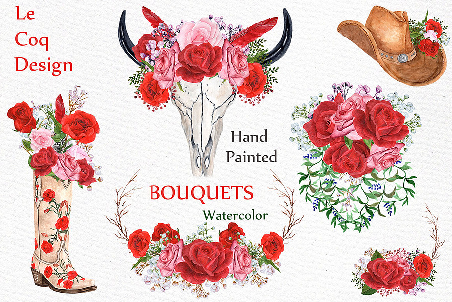 Watercolor Red Roses bouquets  in Illustrations - product preview 8