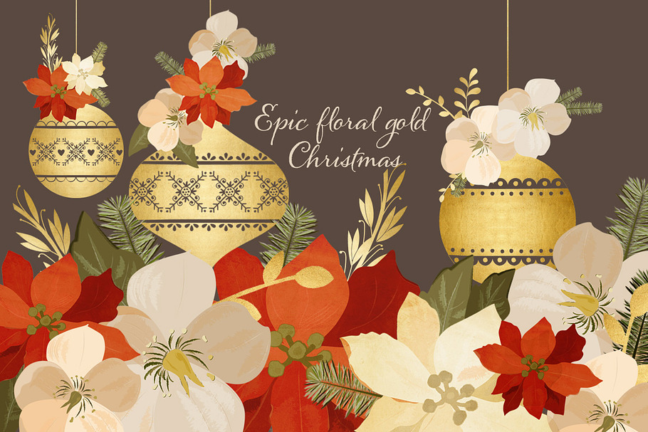 20% OFF! Floral Gold Christmas Pack in Illustrations - product preview 8
